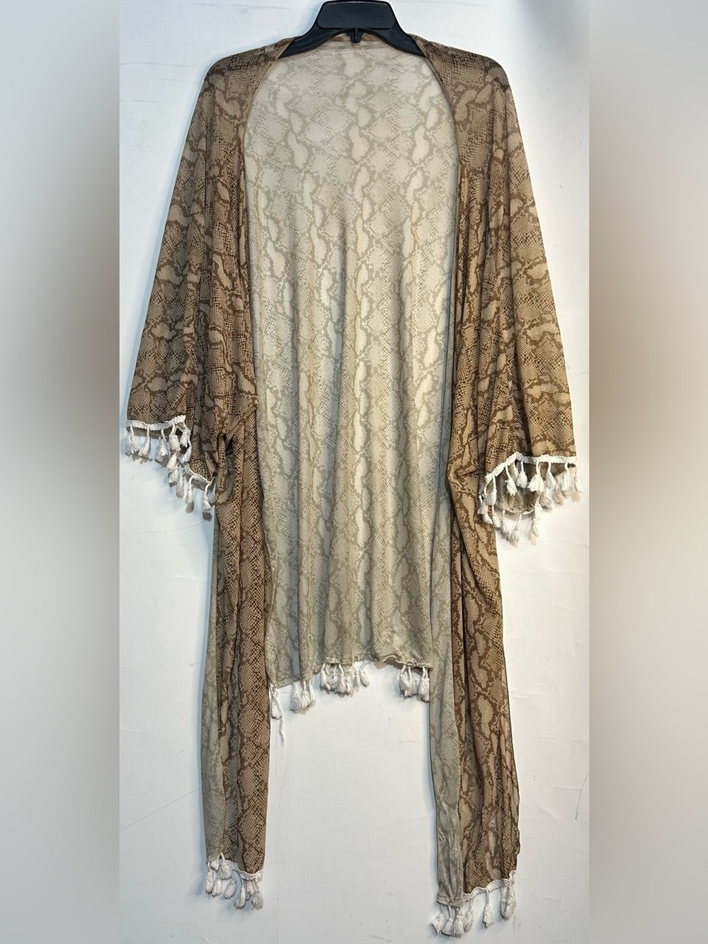 Snake Print Open Front Fringe Hem and Sleeves Duster One Size